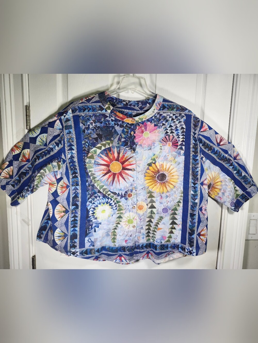 Boho Blue Multicolor Floral Sunburst Geometric Short SL Button Up Top S 3XL